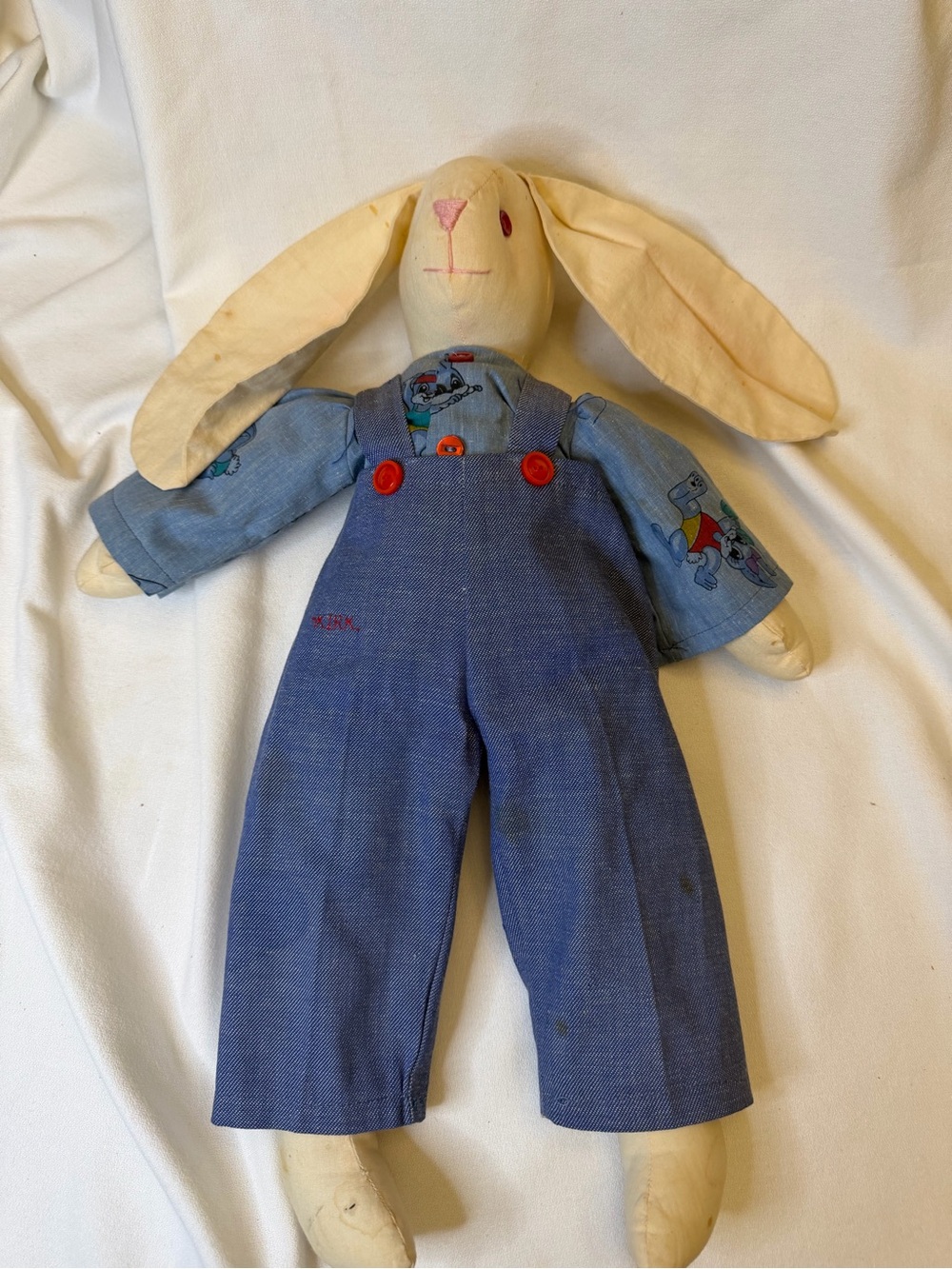Vintage Handmade Raggedy Bunny Rabbit Plush Doll 20” Fabric Overalls